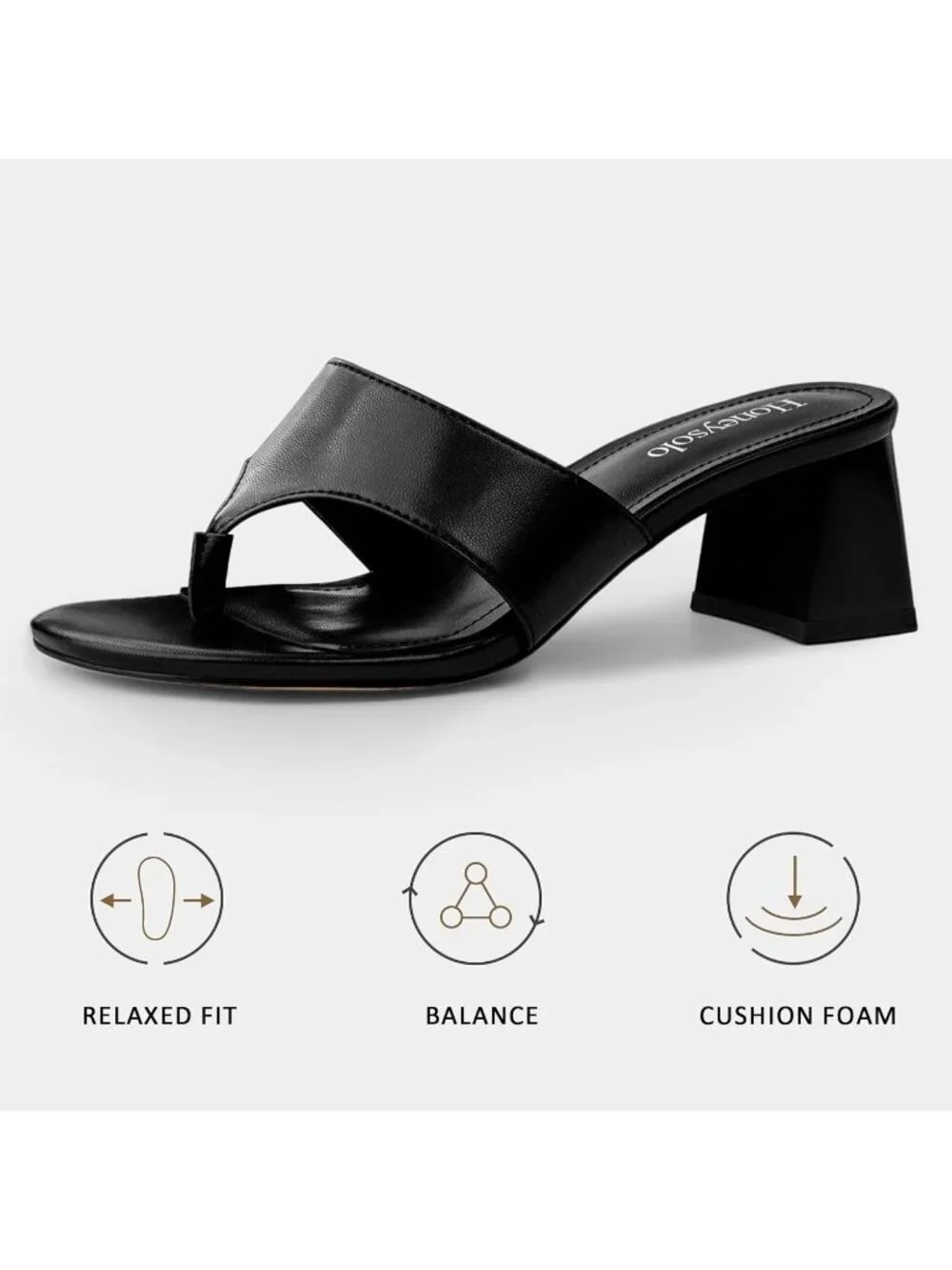 Women's Black Faux Leather Summer Comfortable Square Open Toe Thong Low Heels